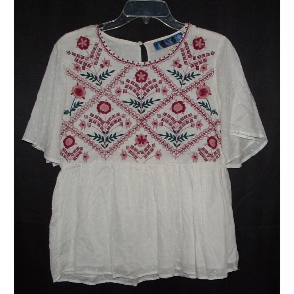 BLUE RAIN White Sz Small Roomy Lined Swiss Dot Embroidered Boho Babydoll Shirt